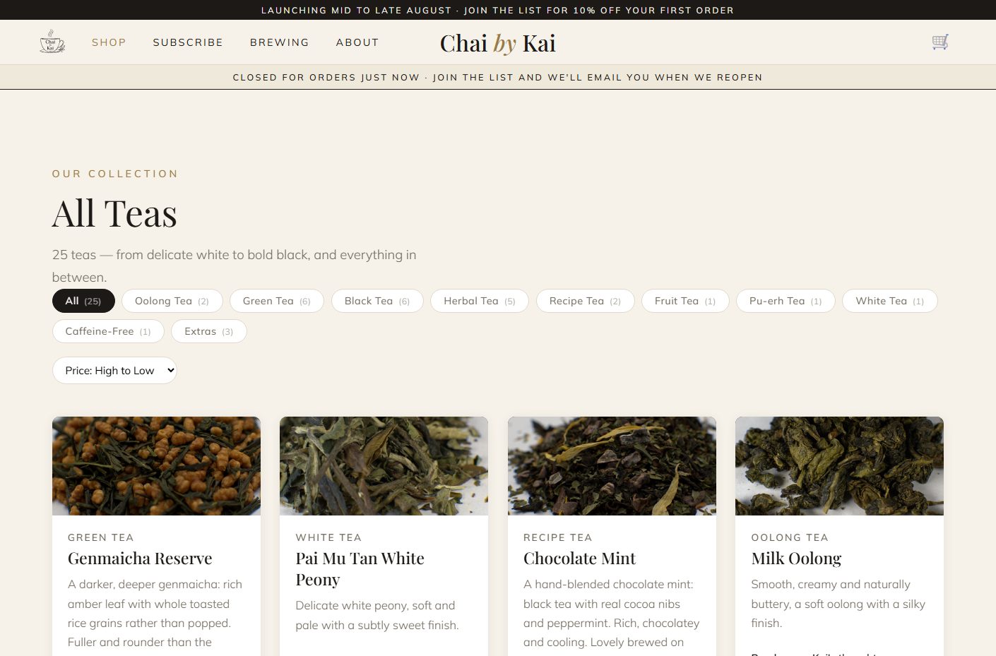 The shop page with the full range of teas listed